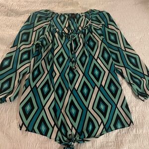 New Directions Teal/Black Patterned Blouse with Tie Front Details, Size Small